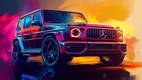 Vibrant SUV illustration captures neon speed in sunset glow