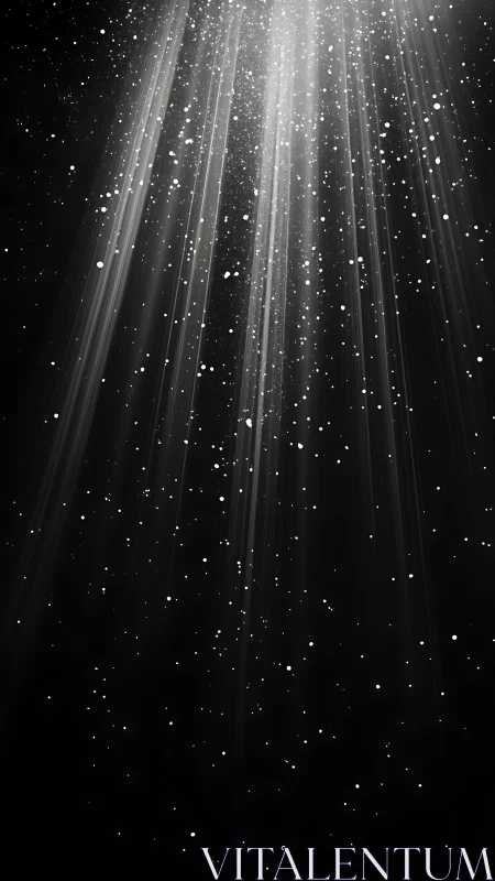 Radiant beams of white light descend through starry darkness.