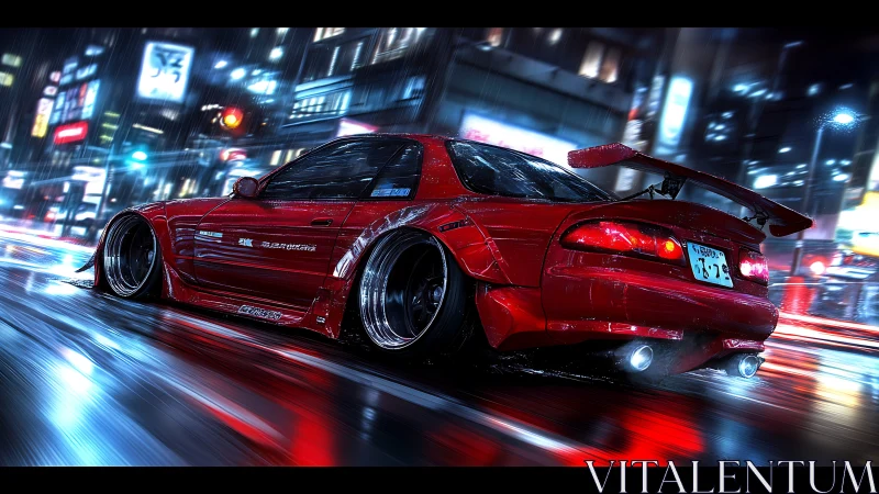 Modified red sports car moves through wet neon city street
