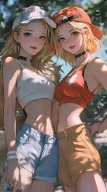 Sunlit cap twins sharing a breezy golden summer moment.