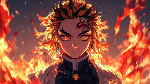 Flame-eyed warrior steadies his resolve inside roaring firestorm