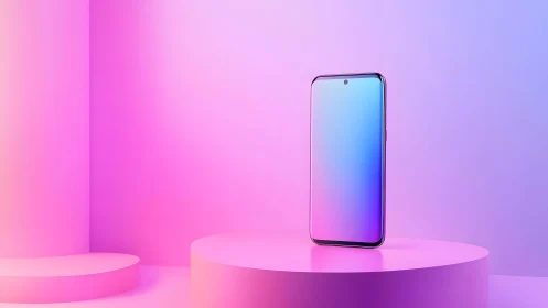 Modern smartphone on pink podium with vibrant gradient background.