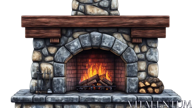Rustic Stone Fireplace with Roaring Flames and Wood Details