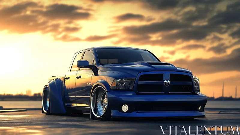 Bold blue pickup truck glowing under a calm sunset sky.