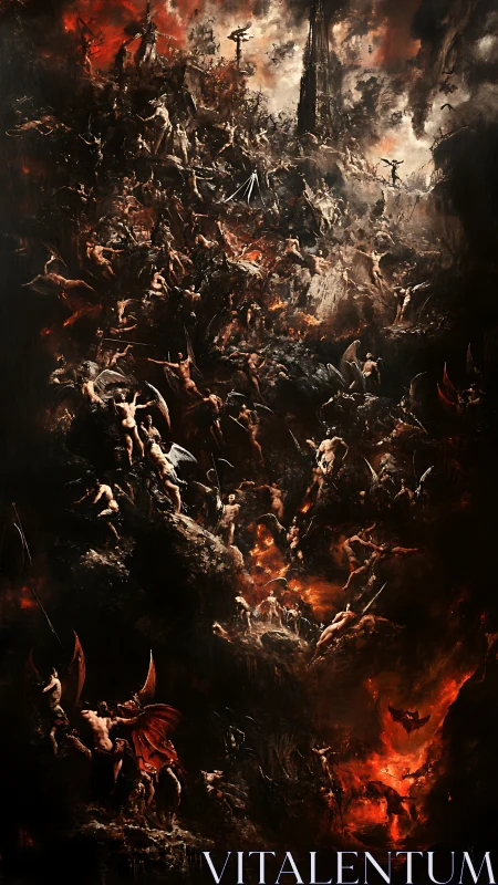 Chaotic infernal battlefield packed with demons and torment.