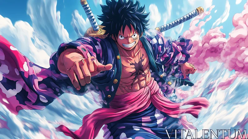 Sky-splitting warrior hurtles forward wrapped in stormy color