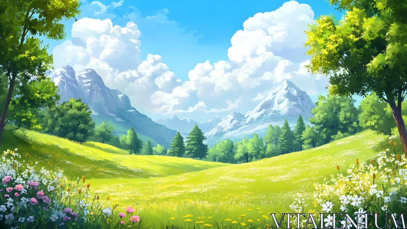 Bright mountain valley meadow under clear blue sky.