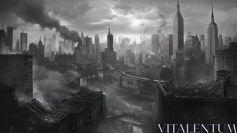 Monochrome post-war megacity ruins with elevated freeway collapse