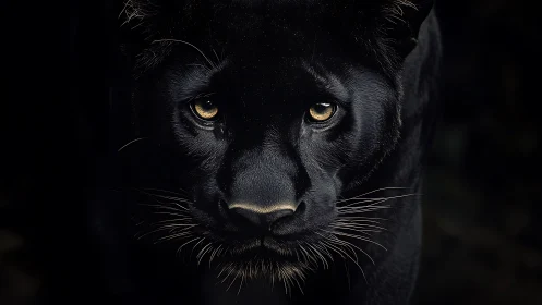 Black Panther Portrait with Amber Luminescence Against Deep Black Background