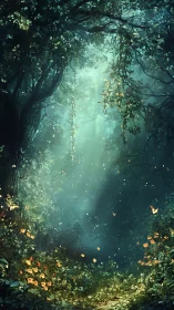 Enchanted Forest Glade with Luminous Light and Butterflies