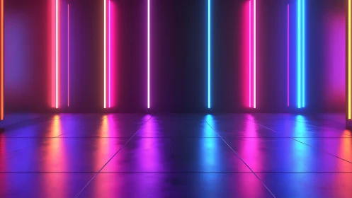 Neon light corridor with glowing reflections on floor.
