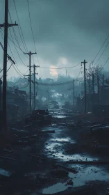 Post-apocalyptic flooded street under stormy teal sky.