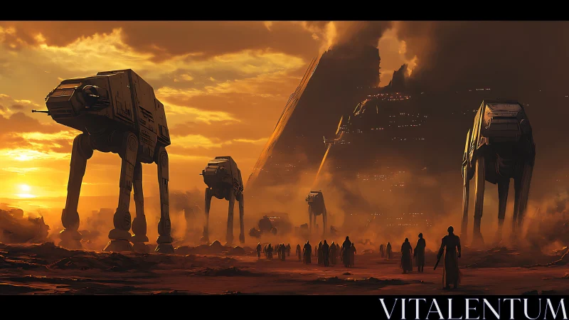 Cinematic sci-fi war march in sunset drenched desert tableau.