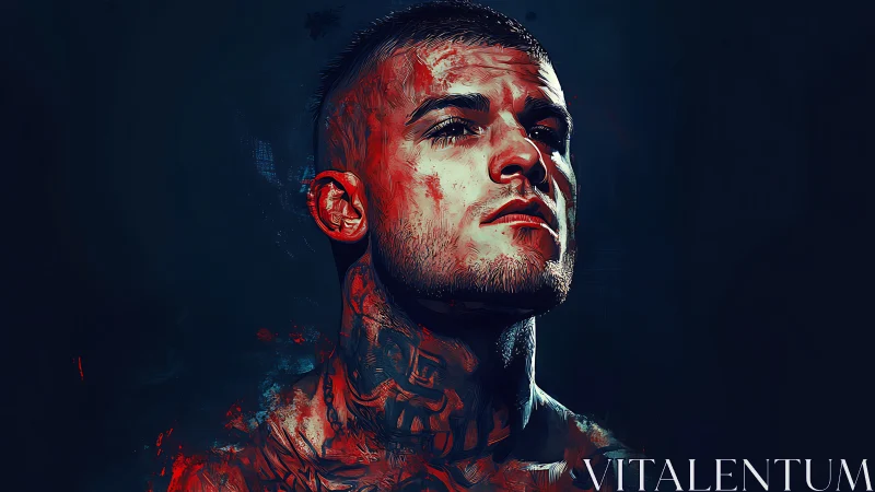 Tattooed fighter gazes upward in bold neon red light