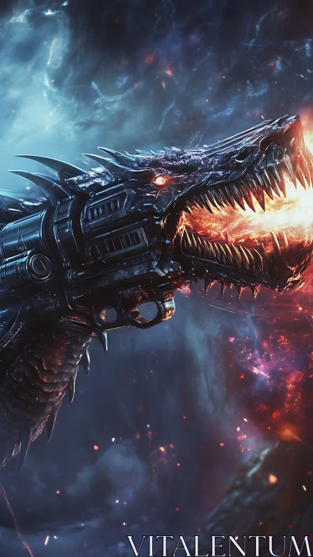 Cybernetic dragon unleashes cosmic fire across dark void.