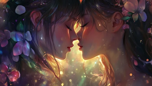 Two figures with glowing silhouettes kissing among luminous flowers
