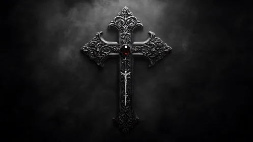 Ornate metallic cross with red gemstone on dark smoky background