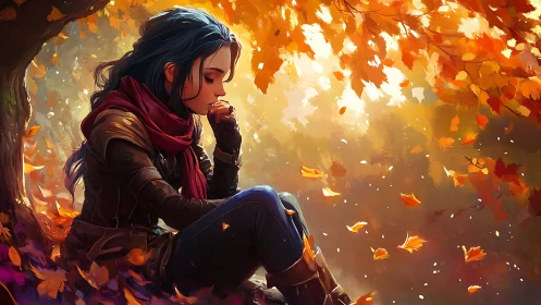 Melancholic girl under autumn canopy in luminous foliage.