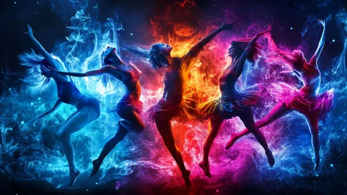 Dancers swirling through fire and ice in glowing color storms.