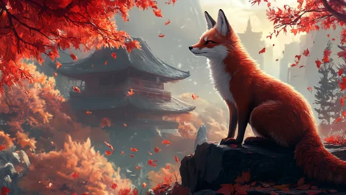 Autumn fox sentinel above misty Japanese temple valley.