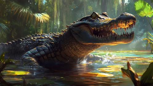 Sunlit swamp giant basking in a glittering jungle pool.