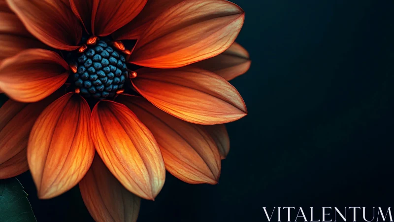 Macro botanical study depicting dahlia flower with deep orange petals and dark blue seed formation