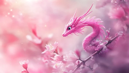 Blossom-born pink dragon coils through dreamy sakura haze.