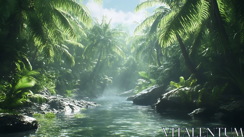 Tropical River Canyon Through Palm Forest Canopy.