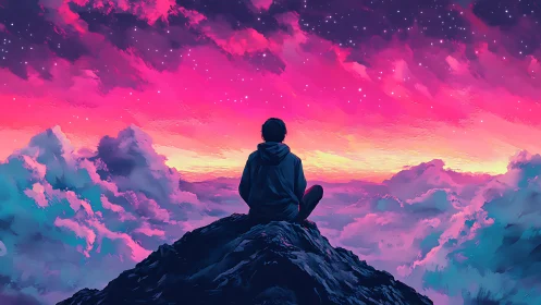 Digital painting of a lone figure above clouds at neon dusk.