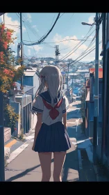 Schoolgirl overlooks sunlit coastal hillside town street.