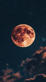 Blood moon glows above clouds in star-dense midnight sky