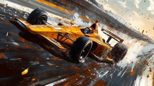 High-speed orange formula racer powers through smoky curve.