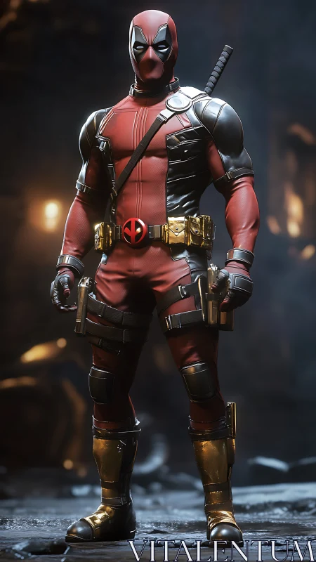 Armored red masked antihero in cinematic 3D render.
