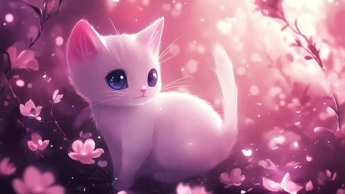 White kitten sits among pink flowers in luminous fantasy environment.