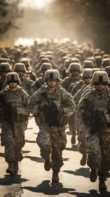 Infantry unit conducting formation run on paved roadway.