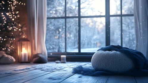 Cozy winter interior with knit cushion and candlelit bokeh glow