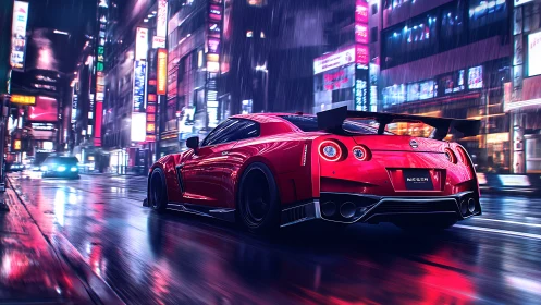 Red sports car speeding through neon city street at night.