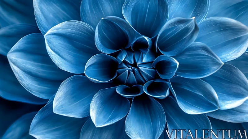 Monochromatic Blue Dahlia Bloom With Layered Petals and Central Stamen. Macro Detail.