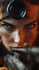 Battle-worn sniper portrait with intense shallow focus gaze.