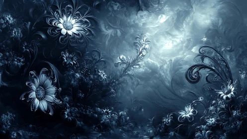 Moonlit fractal garden where silver blossoms slowly breathe.