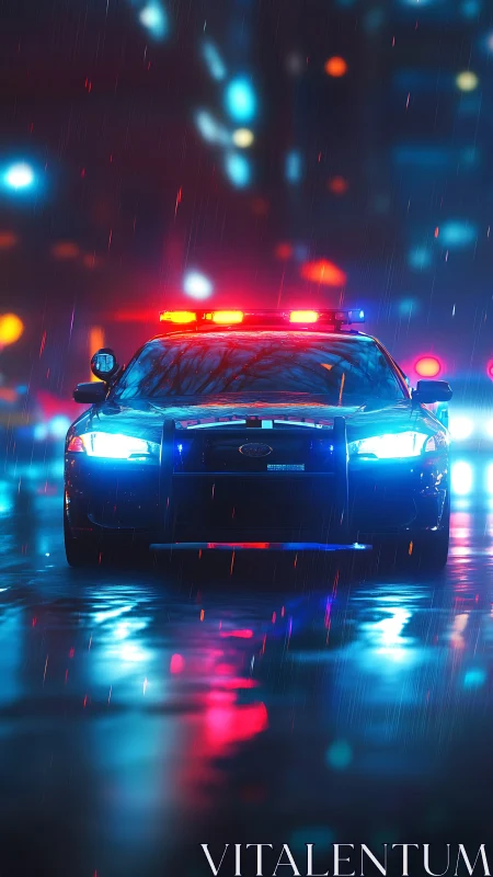 Neon rain patrol car slicing through electric midnight streets.