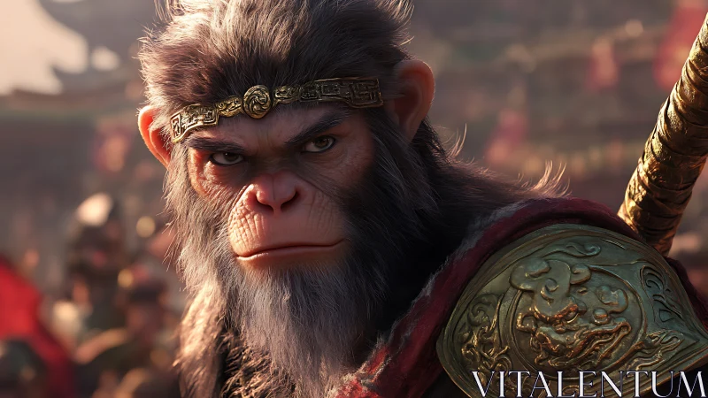 Warrior monkey king glares in ornate golden armor.
