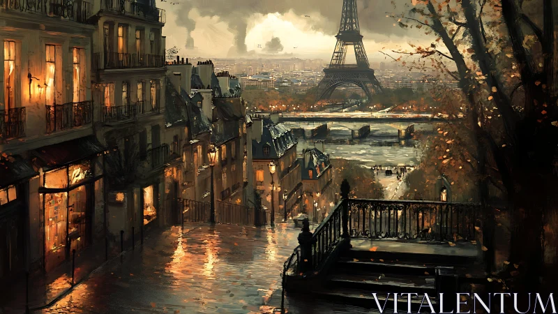 Golden dusk stroll through rainy Paris streets and river view.