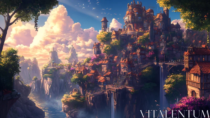 Terraced cliffside settlement under expansive cloud formations.