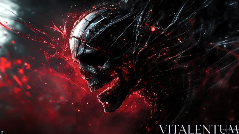 Cyber-organic skull dissolves into red energy and shadow