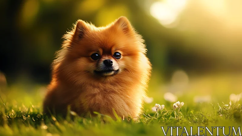 Tiny sunburst fox-dog lounges in a meadow of warm light