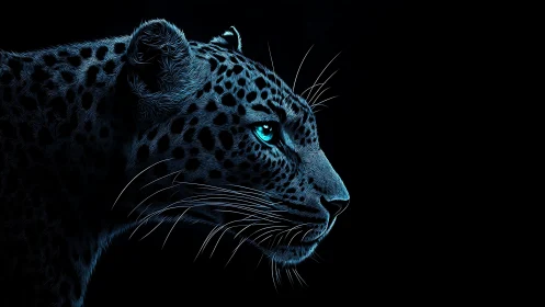 Neon Leopard with Luminous Azure Eyes Against Dark Background.