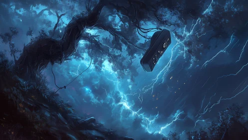 Suspended speaker harnesses storm energy in a nocturnal forest