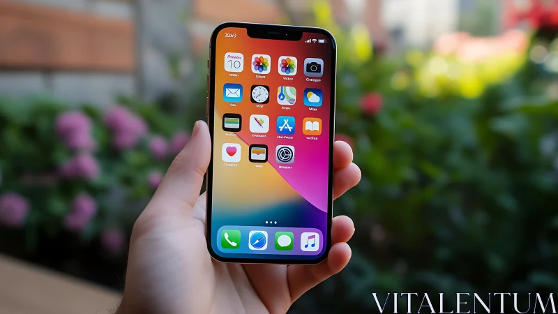 iPhone Home Screen with Gradient Wallpaper Held in Garden.