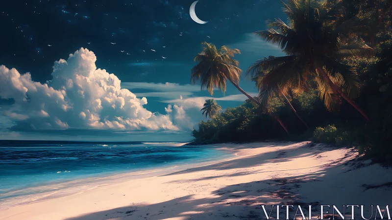 Tropical Beach Landscape with Crescent Moon and Illuminated Palms